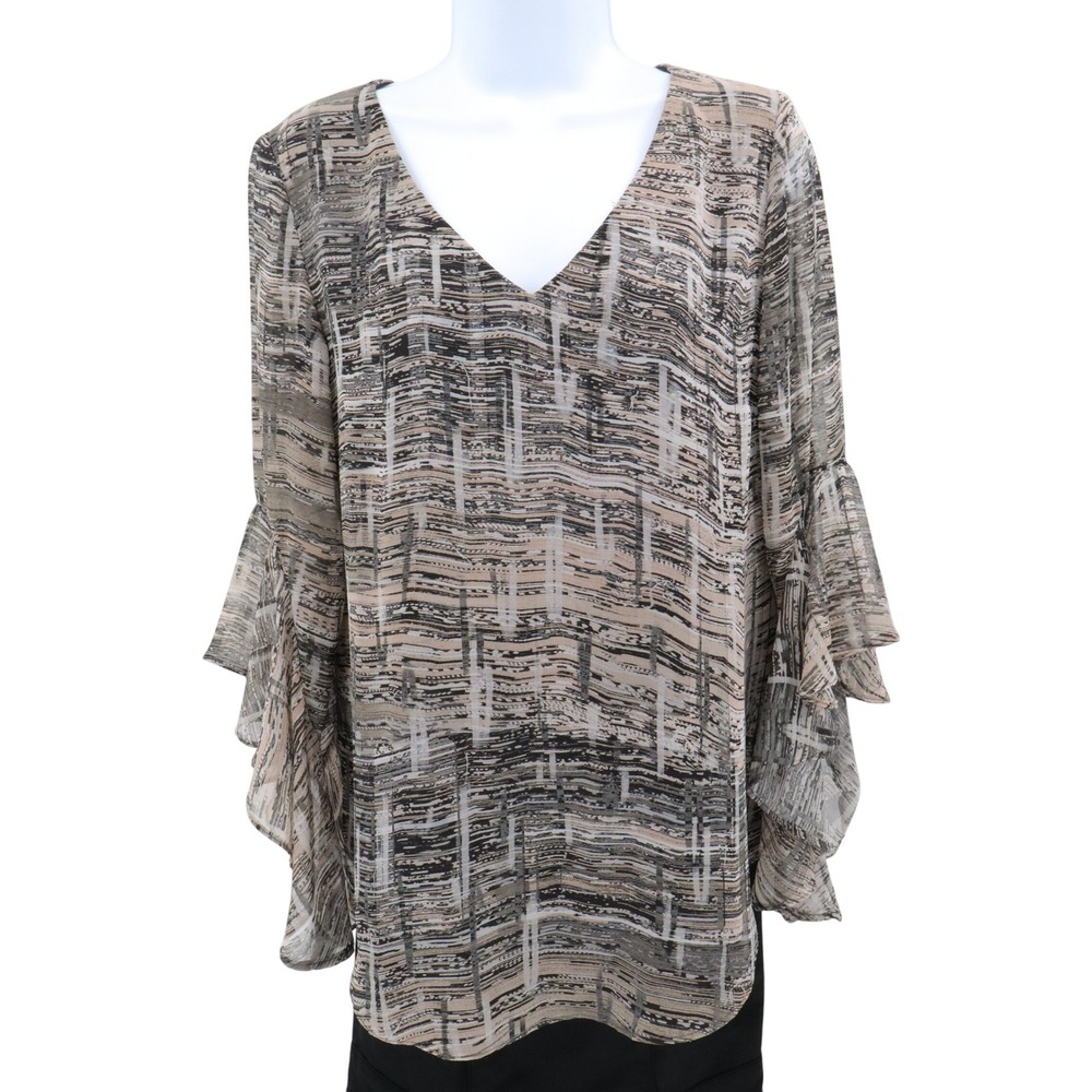 NOT FOR SALE Womens Abstract Print Bell Sleeve V Neck Blouse Top Size 8